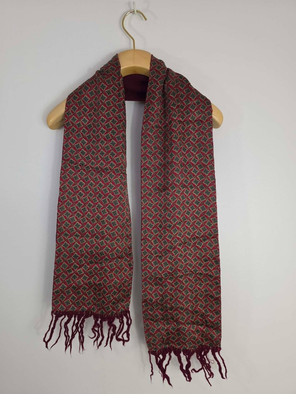 Vintage 100% Silk And Wool Red Paisley Scarf with Fringe